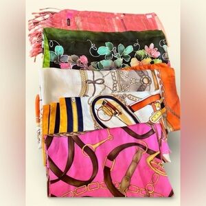 Collection of Five Preloved Branded or Fashion Silk-like Polyester Scarfs (GUC)